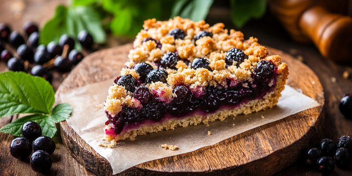 Close-up of blackcurrant crumble pie slice on wooden board, showcasing crumbly topping and berry filling.  Represents homemade baking, dessert, and deliciousness