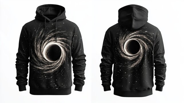 Void black male hoodie, front and back view, black hole gravity theme, front has a singularity moon, back features a swirling cosmic vortex pulling in stars and light, white background, isolated