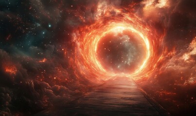 Obraz premium Cosmic portal surrounded by fiery clouds and stars leading to another dimension