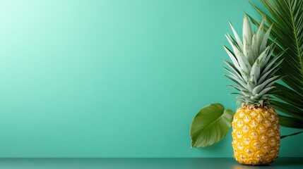 A single pineapple with its foliage stands against a soothing green background, reflecting the tranquility of nature and emphasizing the freshness of tropical fruit.