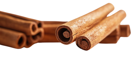Warmth of Spice: A close-up view of cinnamon sticks, their rich brown hues and textured surface evoke a sense of warmth and culinary delight, with a clean background