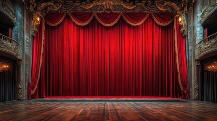 Grand theater stage with ornate red curtains and luxurious gold detailing