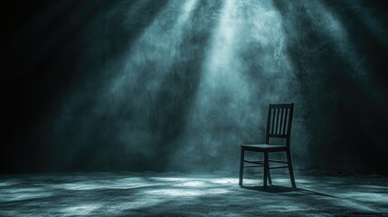 Lonely wooden chair in dramatic spotlight with ethereal misty atmosphere