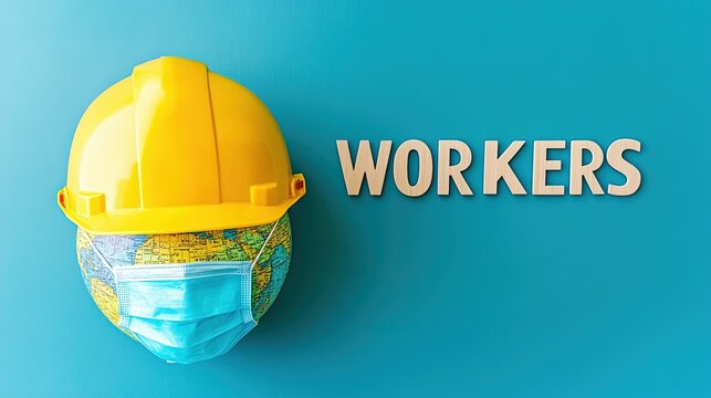 "WORKERS" DAY text next to a globe wearing a yellow construction helmet and a light blue face mask, symbolizing workers' safety and health. The background is a solid blue 