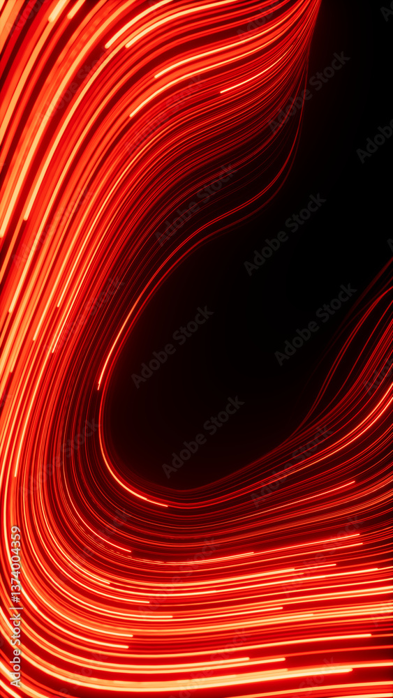 Wall mural 3d render, abstract background of red neon lines and strings glowing in the dark. speed of light. fa