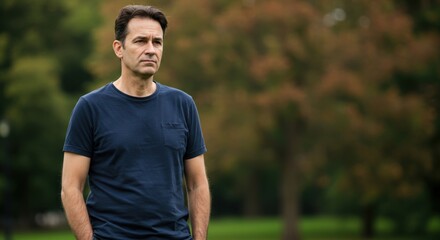 Serious caucasian man in blue t-shirt standing outdoors, autumn trees background with copy space. Thoughtful middle-aged male during fall season. Contemplation, decision making, personal reflection