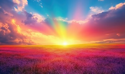 Obraz premium Vibrant sunset over colorful lavender field with dramatic sky and radiant clouds