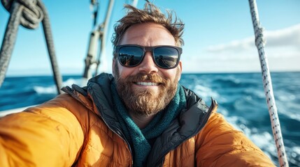 A joyful man in sunglasses smiles while sailing on a boat, embracing the fresh ocean breeze and warmth of the sun, highlighting moments of freedom and exhilaration on water.