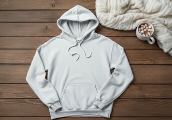White hoodie mockup on wooden table with cozy blanket and hot chocolate flat lay