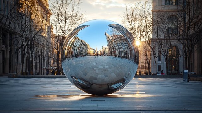 a perfect shiny smooth reflective immaculate pure silver metal orb in milan at dawn 