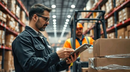 Focused warehouse manager using tablet overseeing inventory and logistics in a bustling warehouse with soft lighting