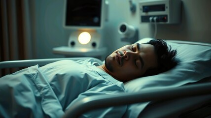 Peaceful young man sleeping soundly in a hospital bed soft light illuminates his face tranquil hospital room setting