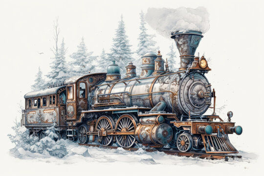 vintage steam locomotive on a white background, illustration., watercolor style, Generative AI