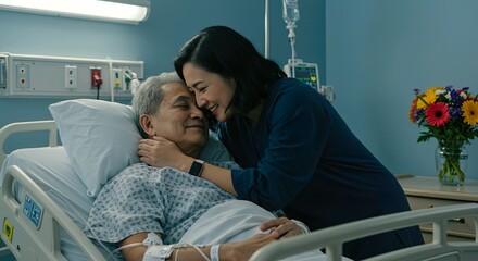 Tender moment Daughter lovingly embraces her ailing father in hospital soft lighting quiet strength gentle care