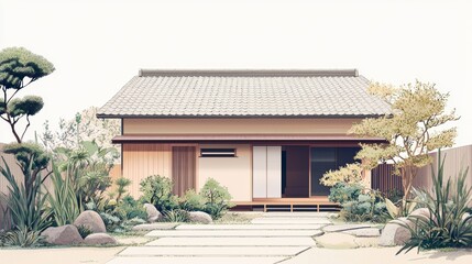 Fototapeta premium Facade, architecture, japandi, minimalist, neutral colors, vegetation, illustrated style 