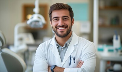 Obraz premium Smiling male dentist in white coat with arms crossed in modern dental clinic