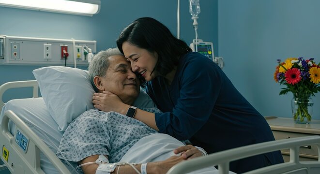 Tender moment Daughter lovingly embraces her ailing father in hospital soft lighting quiet strength gentle care