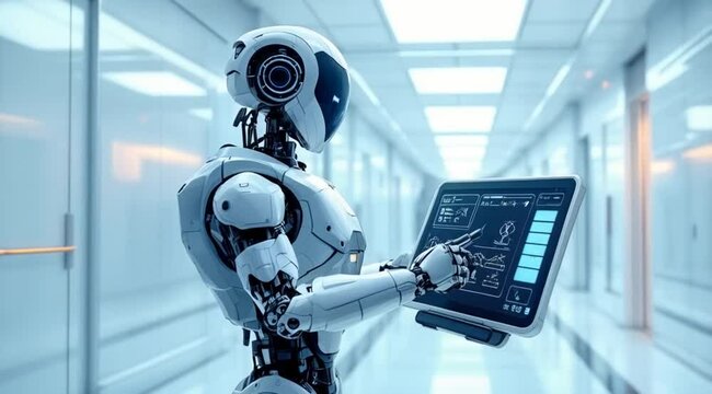 Futuristic robot in medical facility operates tablet