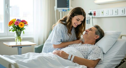 Tender moment Wife lovingly visits her hospitalized husband soft lighting illuminates their shared affection