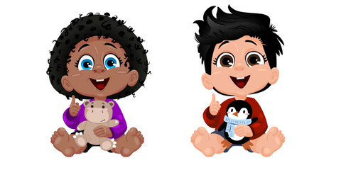 Two animated children sit happily on the ground, one holding a teddy bear and the other with a penguin toy, showcasing a playful and friendly atmosphere.