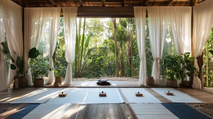 Fototapeta premium A yoga retreat studio with an open-air concept, surrounded by lush greenery.