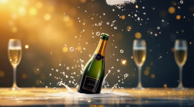 Champagne bottle exploding, splashing, glasses, celebration, festive