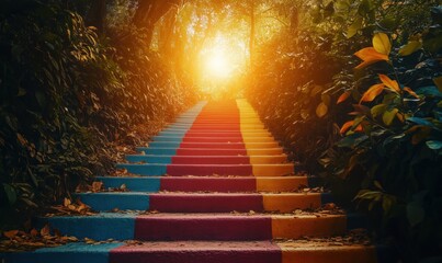 Colorful staircase leading to bright sunlight through lush greenery