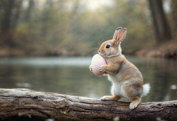 Fototapeta premium Adorable bunny holding Easter egg on log by tranquil forest lake