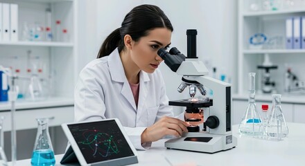 Focused scientist using a microscope in a modern lab analyzing data on a tablet bright lighting lab equipment