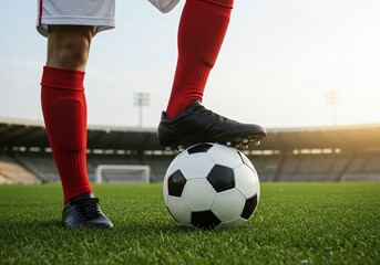 Soccer Player's Stance: A soccer player in striking stance on a green field, a ball positioned ready for action, legs poised, embodying anticipation and athletic prowess.