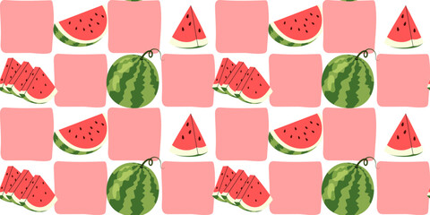 Seamless pattern with watermelon. Ripe summer fruit. Checkered background for tablecloths, clothing, packaging, fabric. 