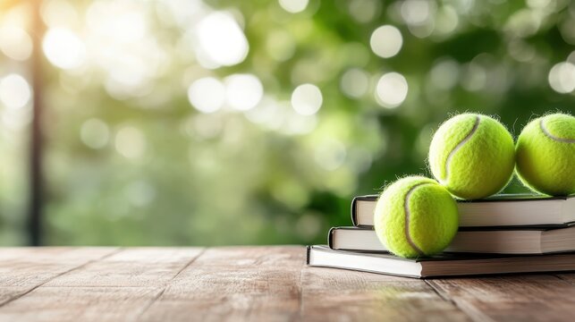 A close-up view of tennis balls resting on a stack of books, set against a soft-focus background of greenery, blending sports and knowledge in a harmonious outdoor scene.