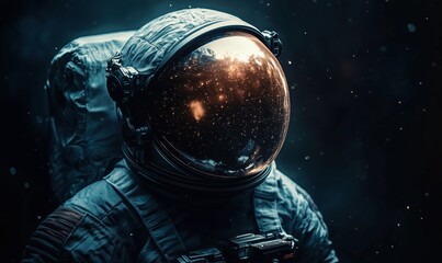 Astronaut in Space Helmet Reflecting Stars and Cosmic Elements