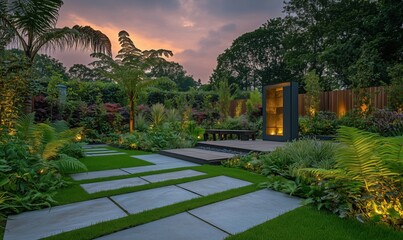 Fototapeta premium Stunning modern garden design with lush greenery and elegant stone pathways at sunset