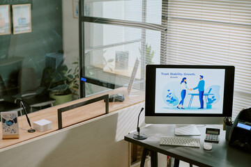 Office space displaying computers, documents, and furnishings, with focus on trust, stability, growth illustrated on screen with bright light from window enhancing workspace setting