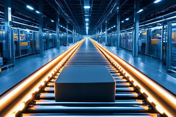 Fototapeta premium Futuristic train station interior, sleek architecture with glowing tracks and vibrant blue lighting, modern transport environment, copy-space available.