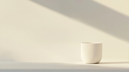 Obraz premium A plain white takeout coffee cup set against a pure white background, with soft, warm sunrise light reflecting off the smooth surface of the cup