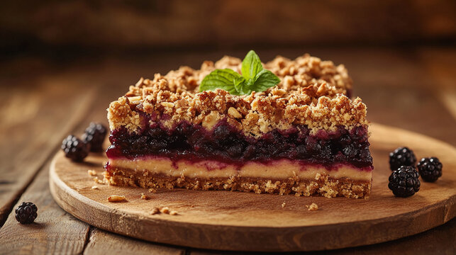 Close-up of blackberry crumble pie slice on wooden board, topped with mint sprig, showcasing dessert texture and rustic appeal.  Ideal for food blogs or recipe websites.