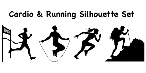 cardio and running silhouette set, marathon training vector pack, endurance sports collection
