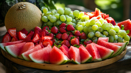 A refreshing fruit platter with red and green fruits such as green melon, red watermelon, strawberries, and grapes, designed for a summer party or outdoor event. © Fonlinepix