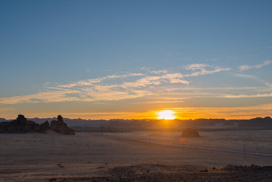 sunset sunrise in rock formation landscape desert in Alula, Hegra,  Saudi Arabia