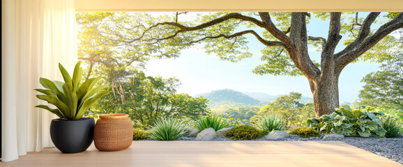 Scenic view through large window showcasing lush greenery and serene mountain landscape © Chari