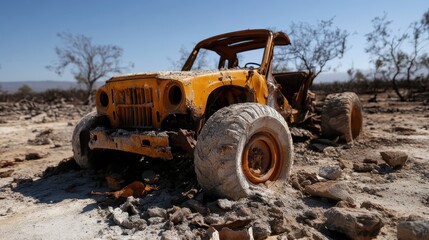 A weathered yellow car rests in a deserted area, overtaken by nature and left in ruin, evoking feelings of nostalgia and the impermanence of human creation.