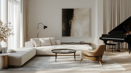Modern Living Room with Piano  Suitable for Professional Presentation