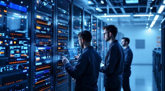 IT technicians working in server room