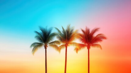 Fototapeta premium A picturesque scene showcasing three palm trees silhouetted against a stunning sunset that radiates artistic colors, encapsulating tranquility and beauty in nature.