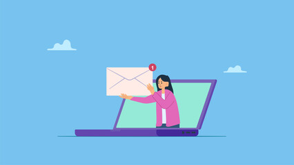 Vector ilustration of businesswoman opens email through a laptop. New message notification, letter in online envelope, inbox mail. E-mail marketing, subscription, communication. Newsletter in mailbox.