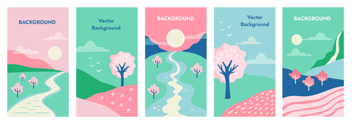 Beautiful landscape set. Vector collection of spring backgrounds with space for copying text. Bright banners, posters, design on social networks. Story template.