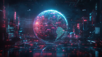 Fototapeta premium Global network data flow, futuristic city backdrop, digital globe