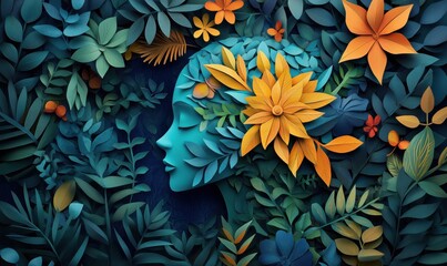 Fototapeta premium Floral silhouette of a woman's face surrounded by vibrant foliage and flowers